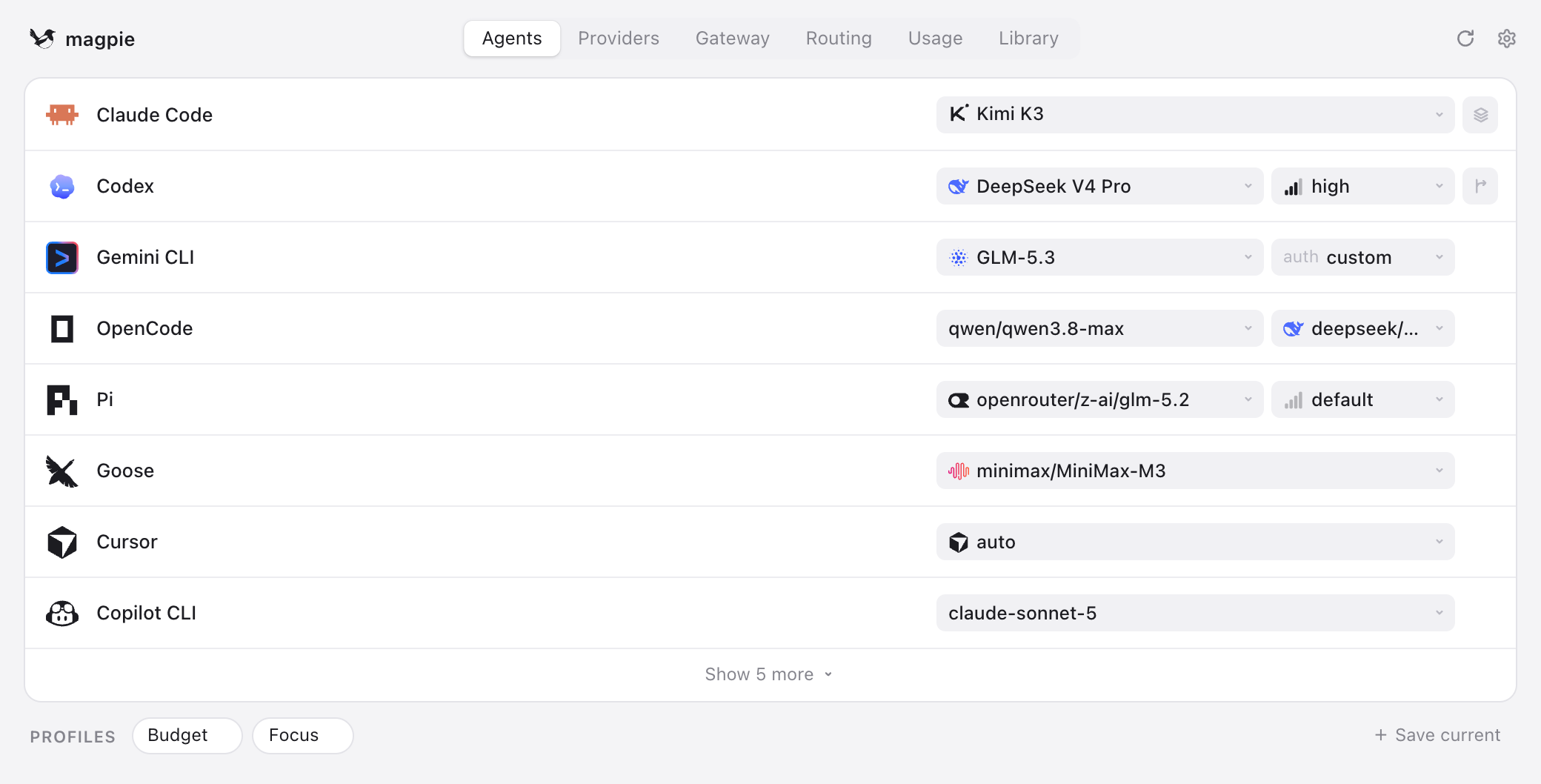 The Agents tab: one row per agent with the model it uses, and saved profiles at the bottom