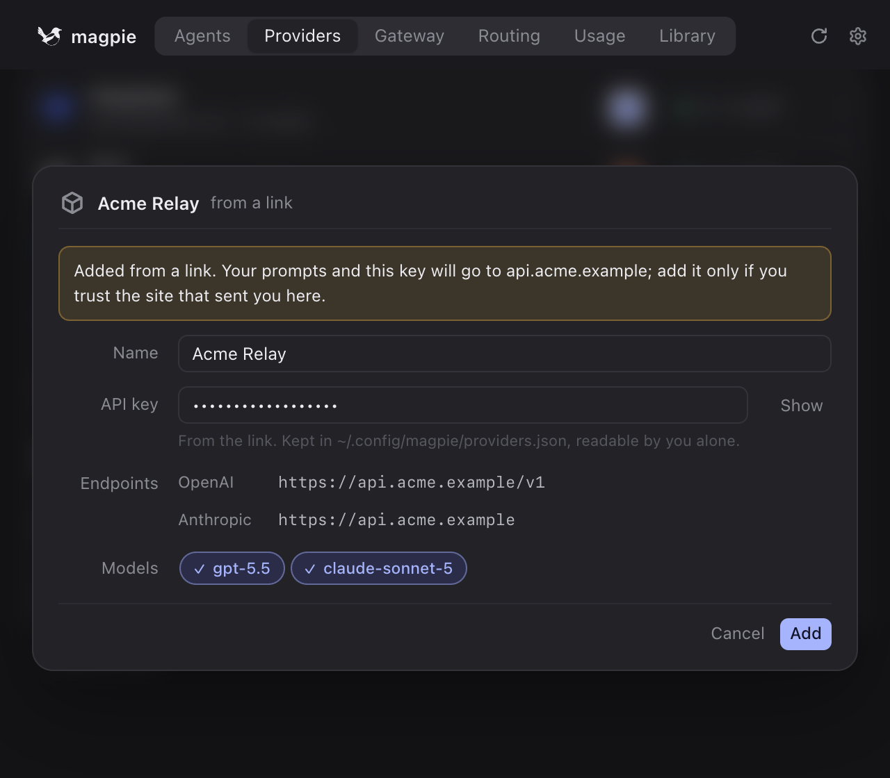 magpie asking whether to add Acme Relay, with the hosts, key and models from the link