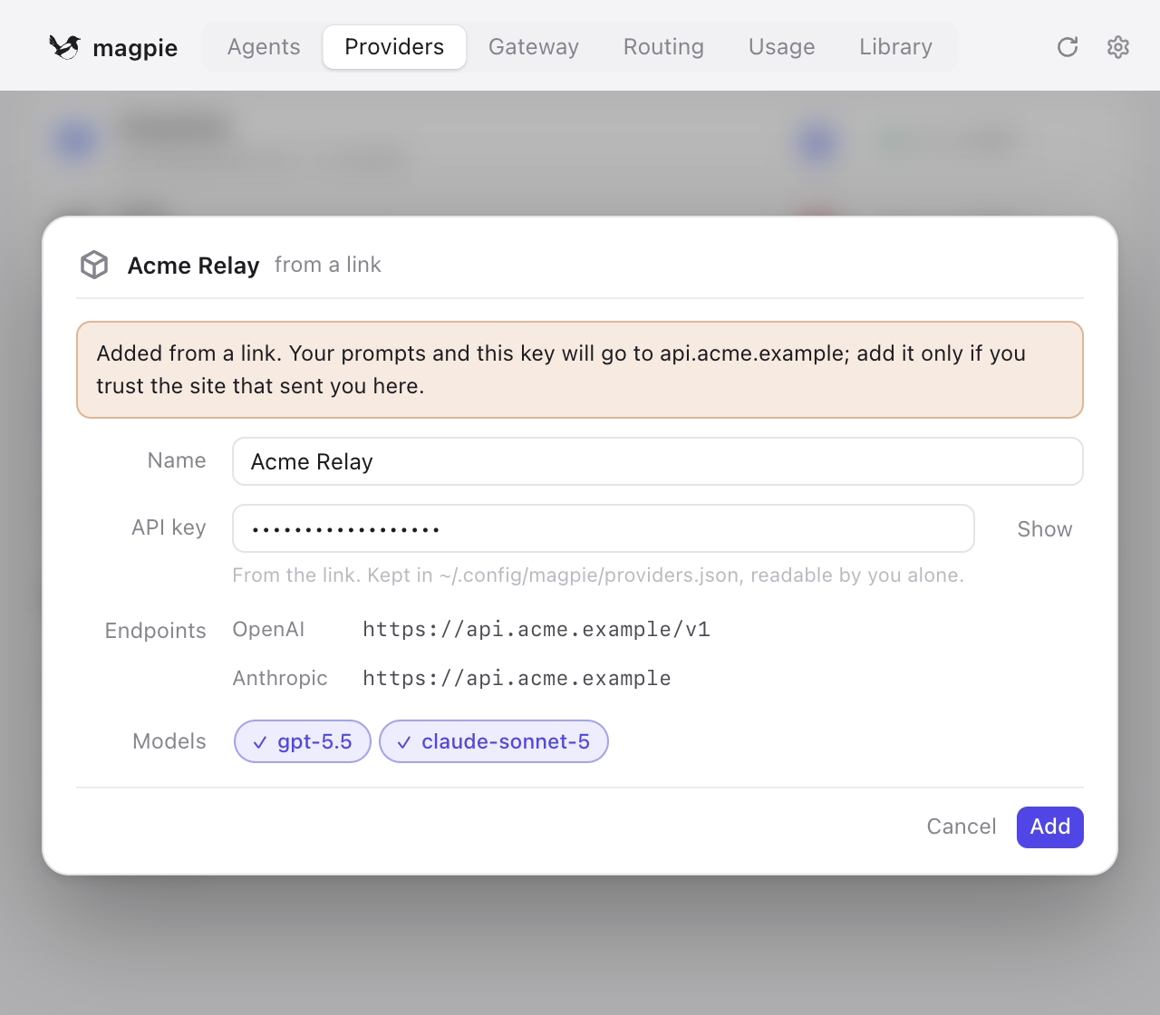 magpie asking whether to add Acme Relay, with the hosts, key and models from the link