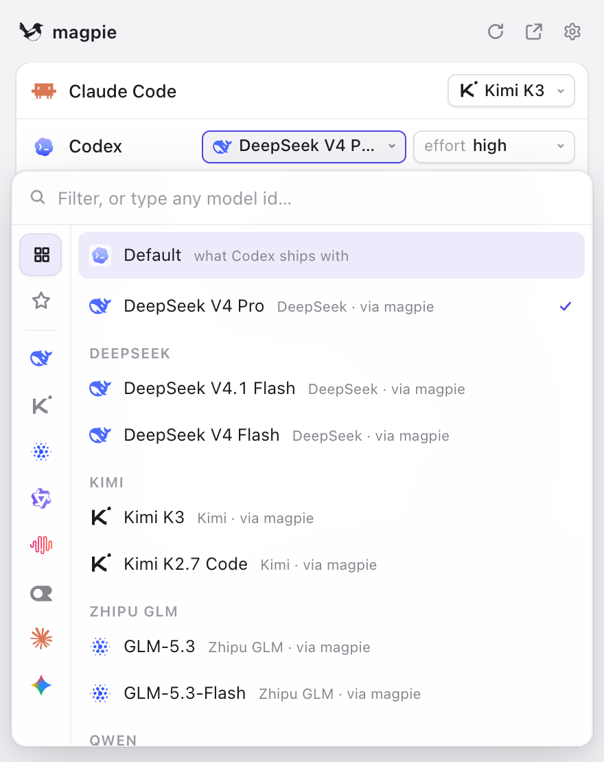 Codex's model picker in magpie, listing DeepSeek, Kimi and GLM models
